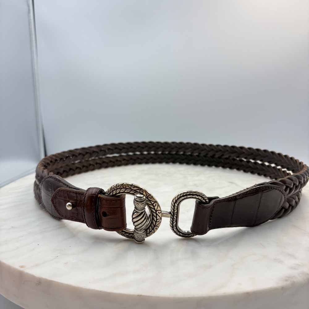Double Braided Leather Belt Women M Brown Croc Embossed Old Money Classic 90s
